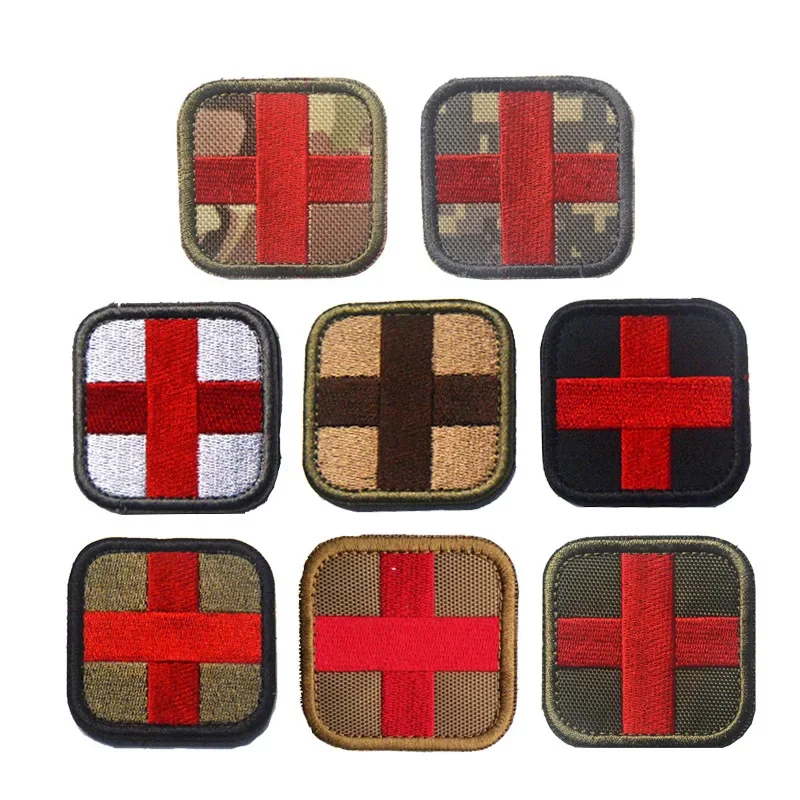 Red Cross PVC Badge Medical First Aid Rubber Patches Battlefield Rescue Square Hook Loop Embroidery Sticker for Outdoor Backpack