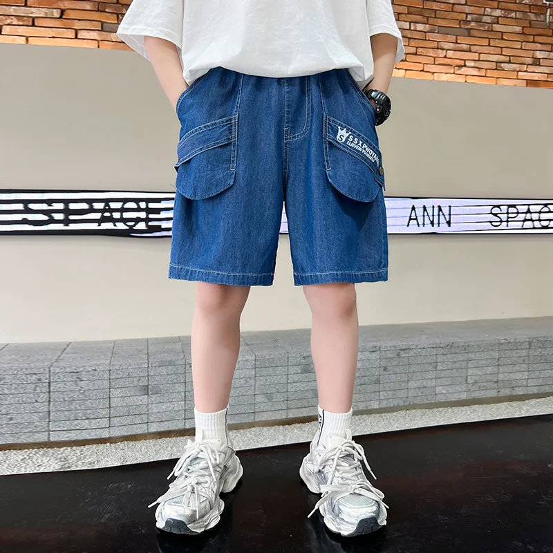 2025 Kids New Designer Boy Loose Fit Summer Jeans Shorts Tweens Child Luxury Retro Blue Denim Shorts for 5-14 Years Teenagers