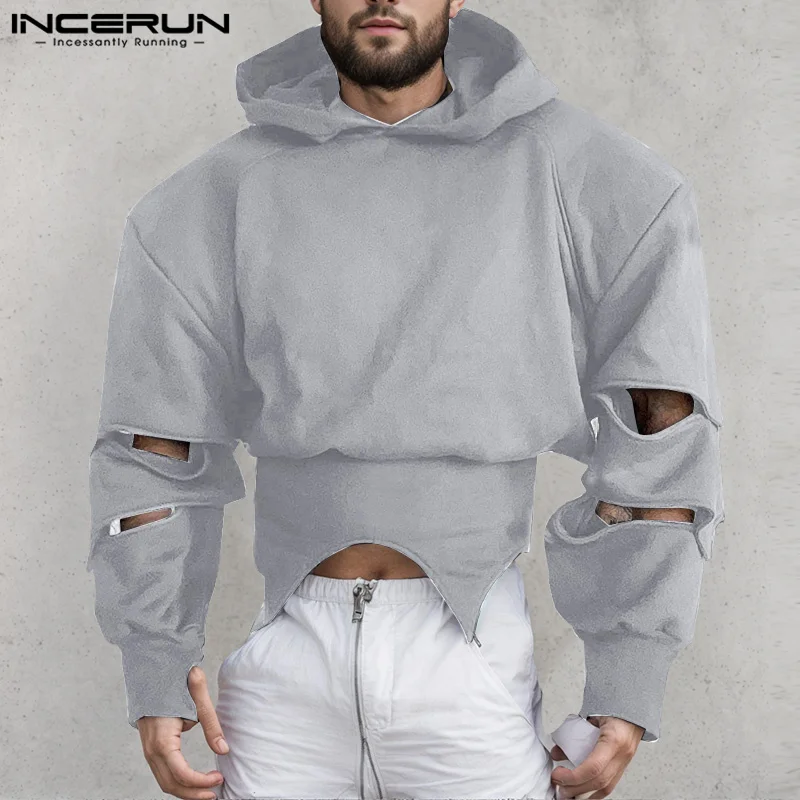 INCERUN Casual Deconstruction American Style Loose Jumper Men Long Sleeve Sweatshirts 2024 Solid Color Handsome Hooded Pullovers