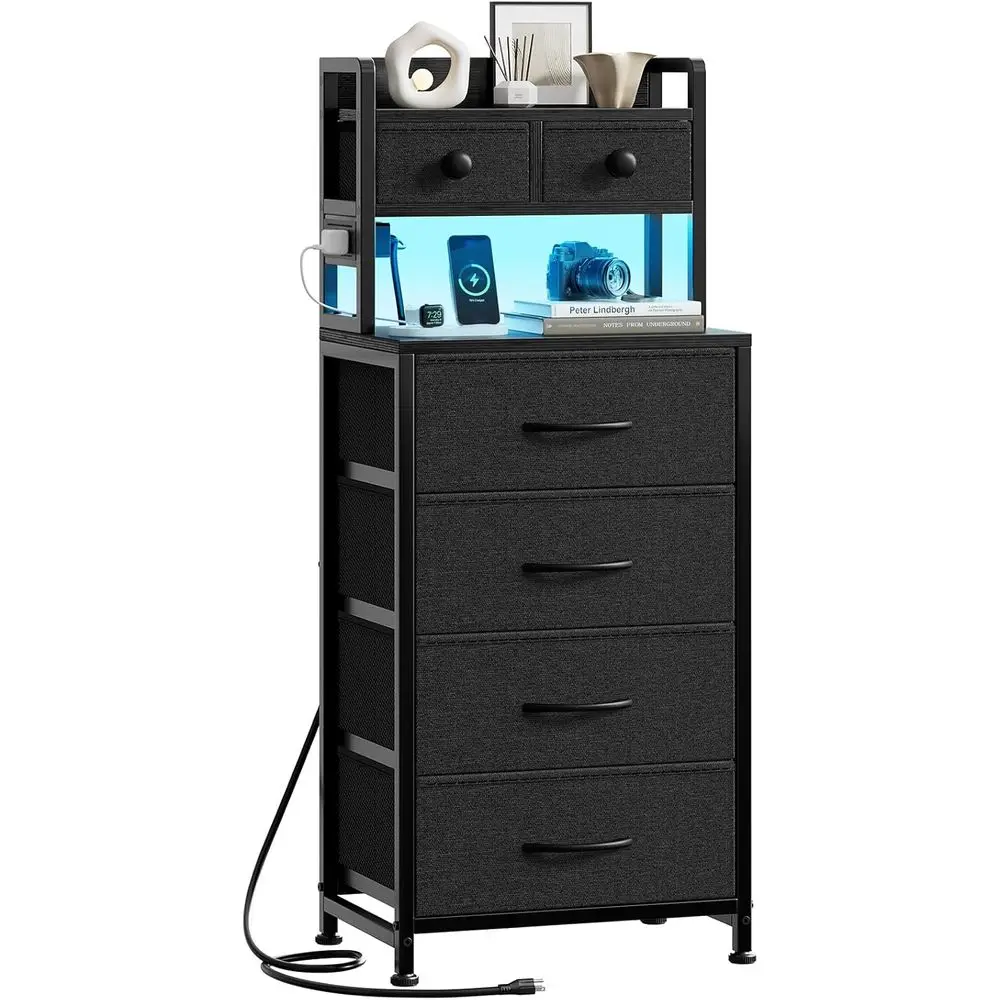 

41 Inch Tall Nightstand with Charging Station, LED Night Stand with 6 Fabric Drawers, Bed Side Table with 3Tier Wood Storage