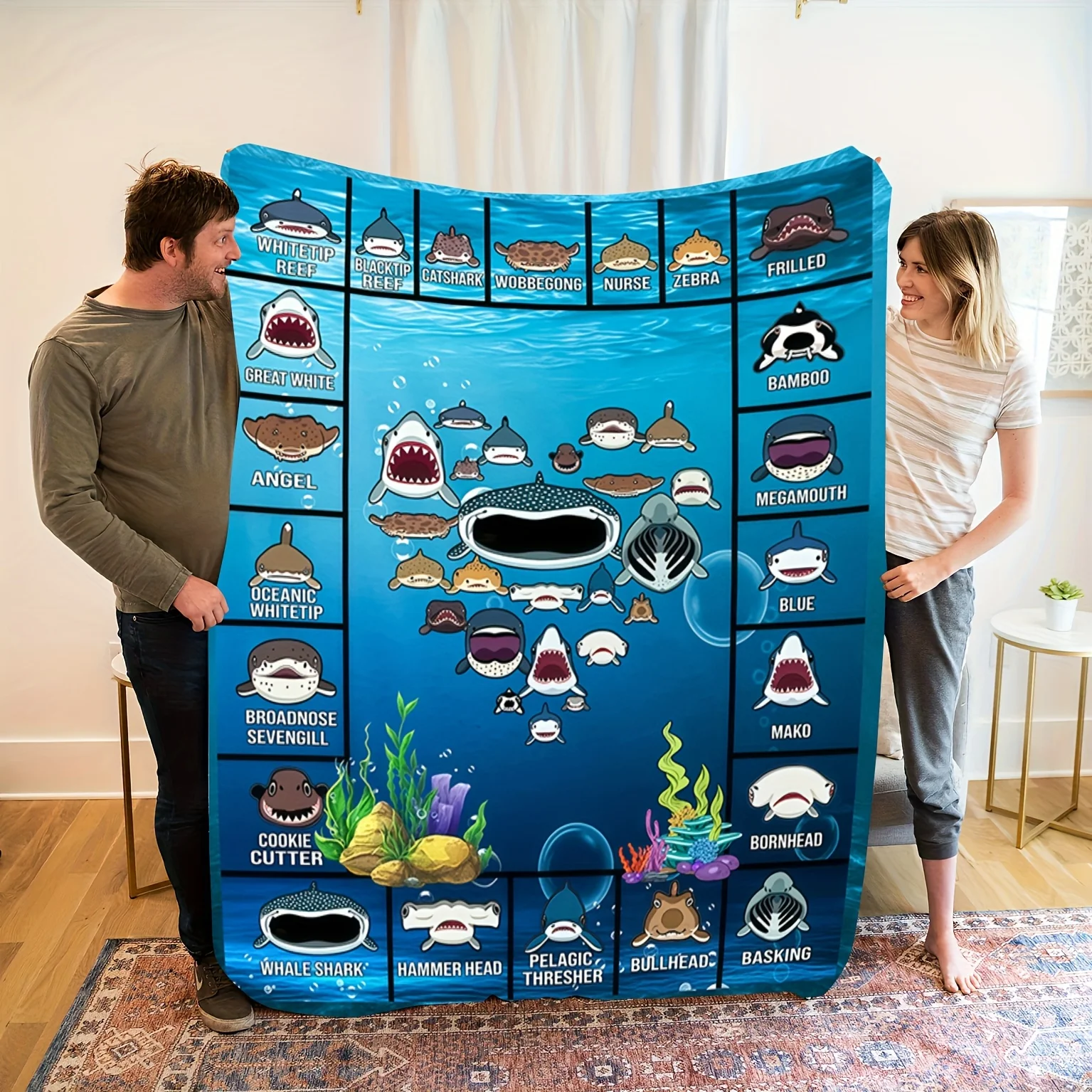 Ocean Explorer Flannel Throw Blanket Soft Marine Life Theme Whale Shark Design All Season Cozy Comfort Educational Gift