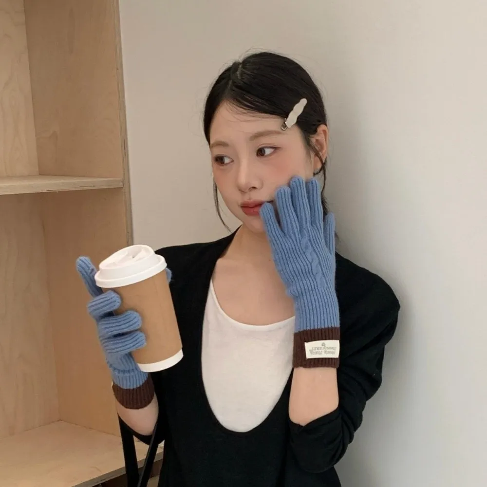Casual Polyester Cable Knitted Gloves Stretchy Warm Lining Full Finger Gloves One Size Fit Long Cuff Gloves For Couples