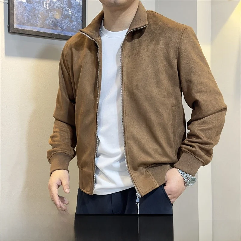 

Ultra Soft Suede Spring Men's Stand Collar Flight Jaet Casual Outerwear Breathable Trendy Long Sve Stand Fit Jaet