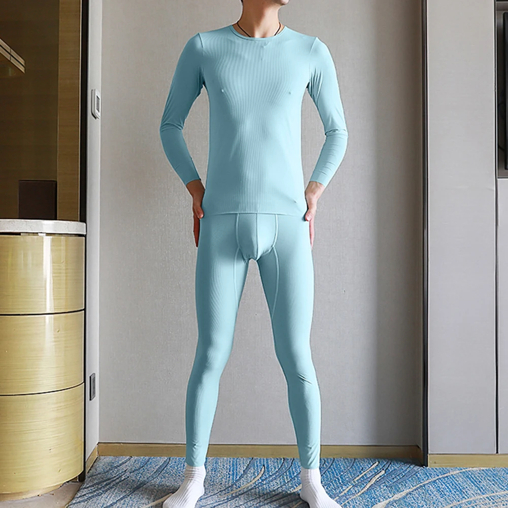 Men Sleepwear Winter Thermal Long Johns Ice Silk Thin Elasticity Top Bottom Underwear Set Solid Soft Lightweight Homewear