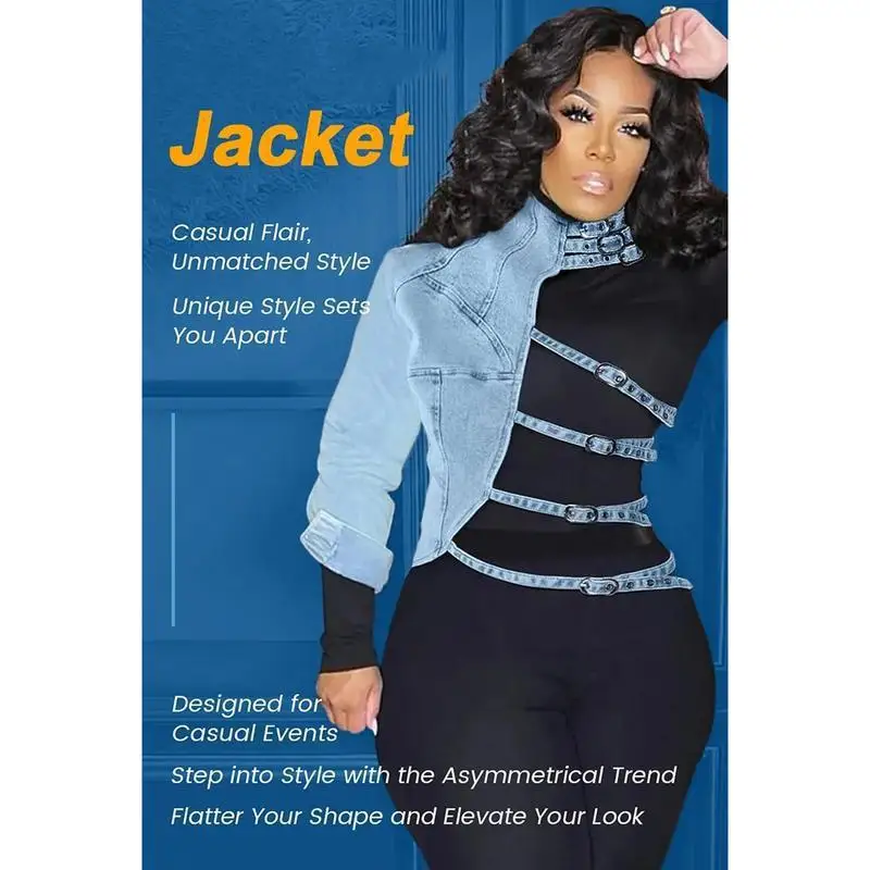 

2026 Daily Outwear Blue Mock Neck Asymmetrical Denim One Shoulder Streetwear Fashion Novelty Short Jacket Outwear Tops