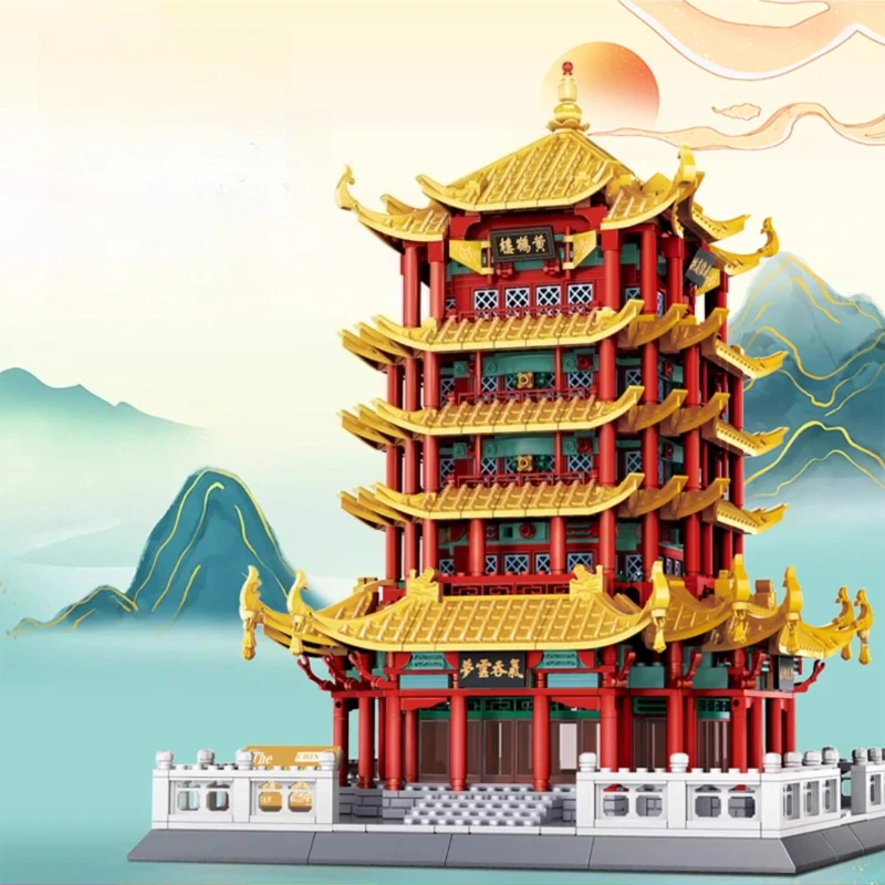 SEMBO gele kraantoren bouwstenen met de hand geassembleerde architectonische modellen van vier beroemde gebouwen, trendy speelgoed en ornamenten