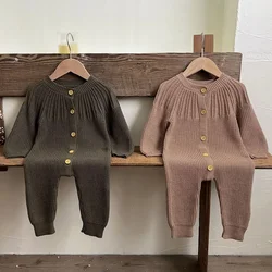 2024 New Autumn Korean Style Climbing Suit Long Sleeved Solid Color Toddler Baby Girl Knitted Romper Children Clothes