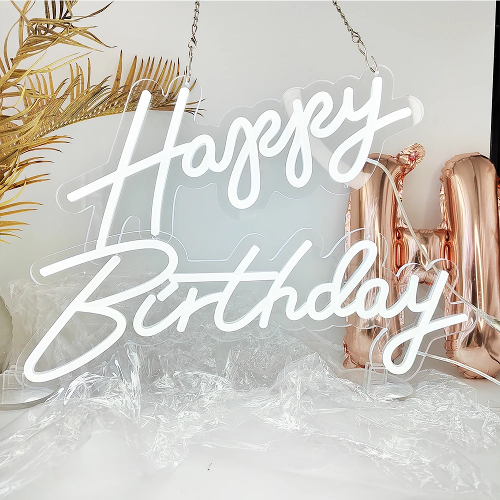 Dimmable LED 'Happy Birthday' Neon Sign in Multiple Sizes 42cm/51cm/76cm with Clear Acrylic Backer - Wall Party Light for Celebr