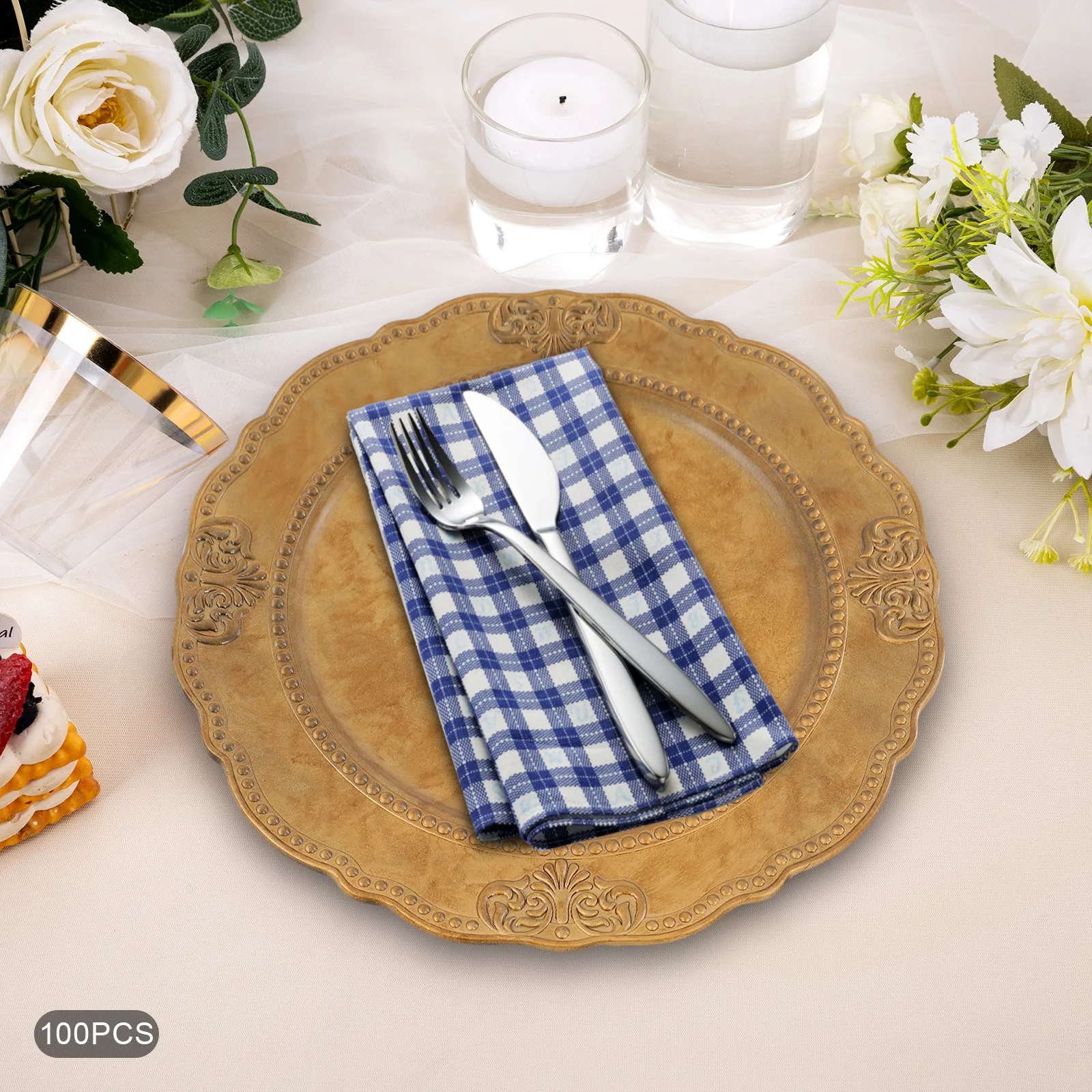 

100 шт., 13-дюймовые золотые пластиковые зарядные пластины, распыление + защита от загрязнений + ручное размазывание, европейский ретро-стиль