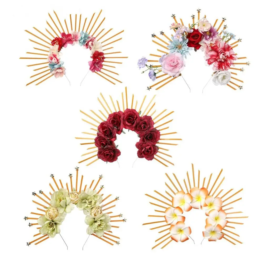 Party Attire Halloween Goddess Halo Hair Hoop Multiple Colors Five-pointed Star Goddess Crown Tiaras Headband Artificial Flower