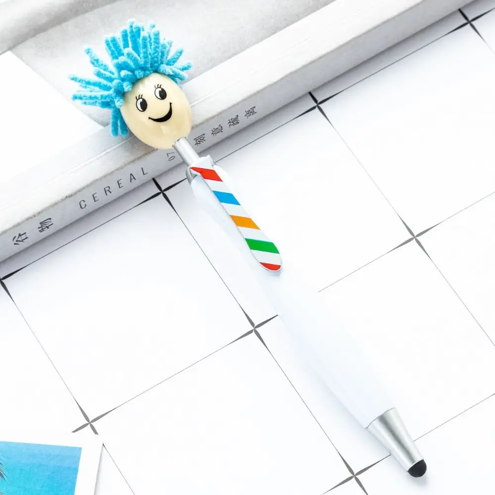 Plush Hair Mop Head Painting Ballpoint Pens Facial Expression Cartoon Doll Shaped Ballpoint Pens Smiling Face Colorful