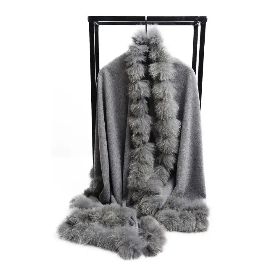Luxurious 100% Pure Cashmere Cape with Real Fox Fur Trim Warm Autumn Winter Scarf Shawl Wrap Poncho for Women