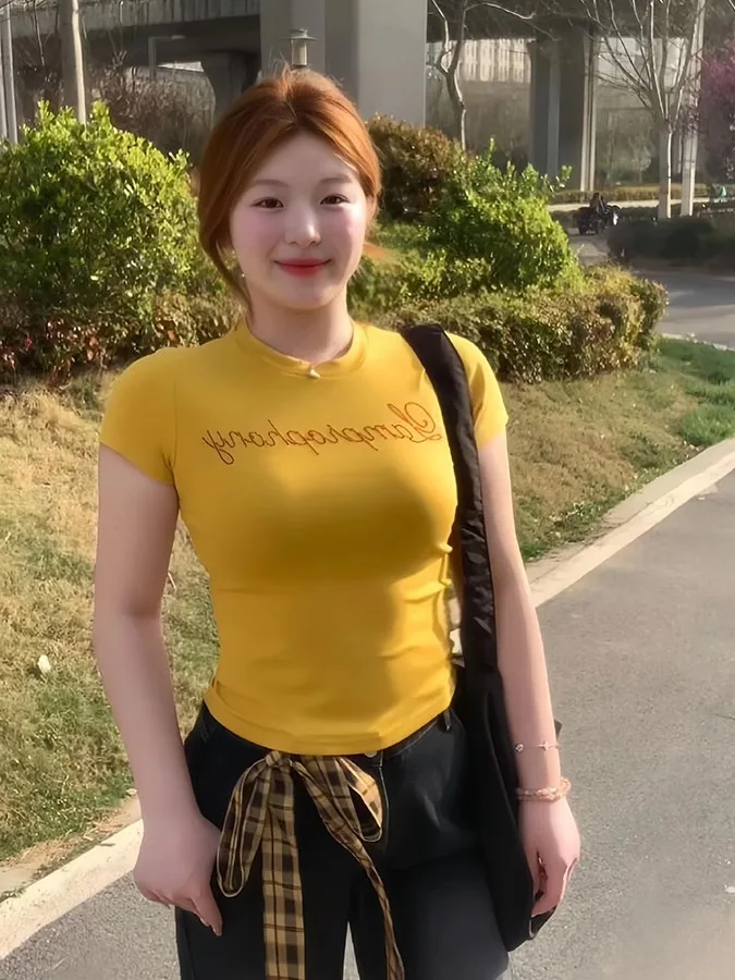 

plus Size Women's American Letter Print ort Sve T-irt Slimming Yellow Top Summer New Design Commute Sle Korean Version