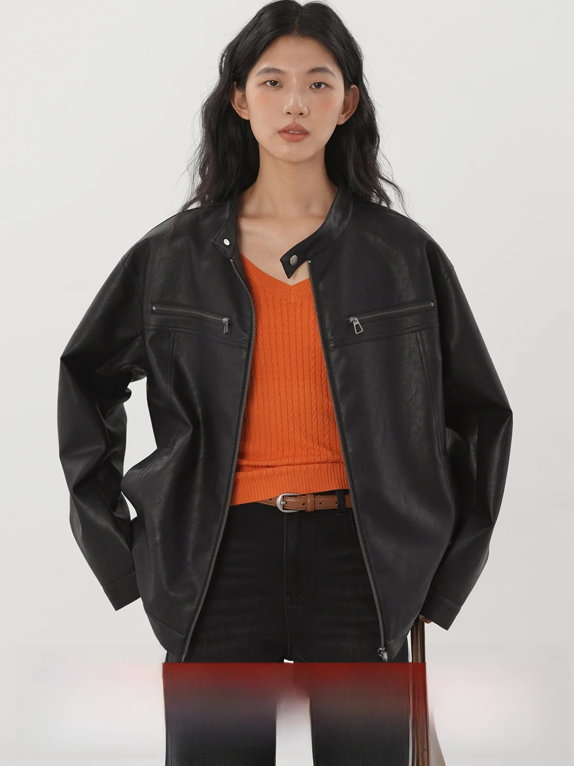 

EIGHTHMONTH Loose Fit Black Biker Jacket Women's Korean Style Zipper Pocket Stand Collar Long Sleeve Coat Cool And Handsome