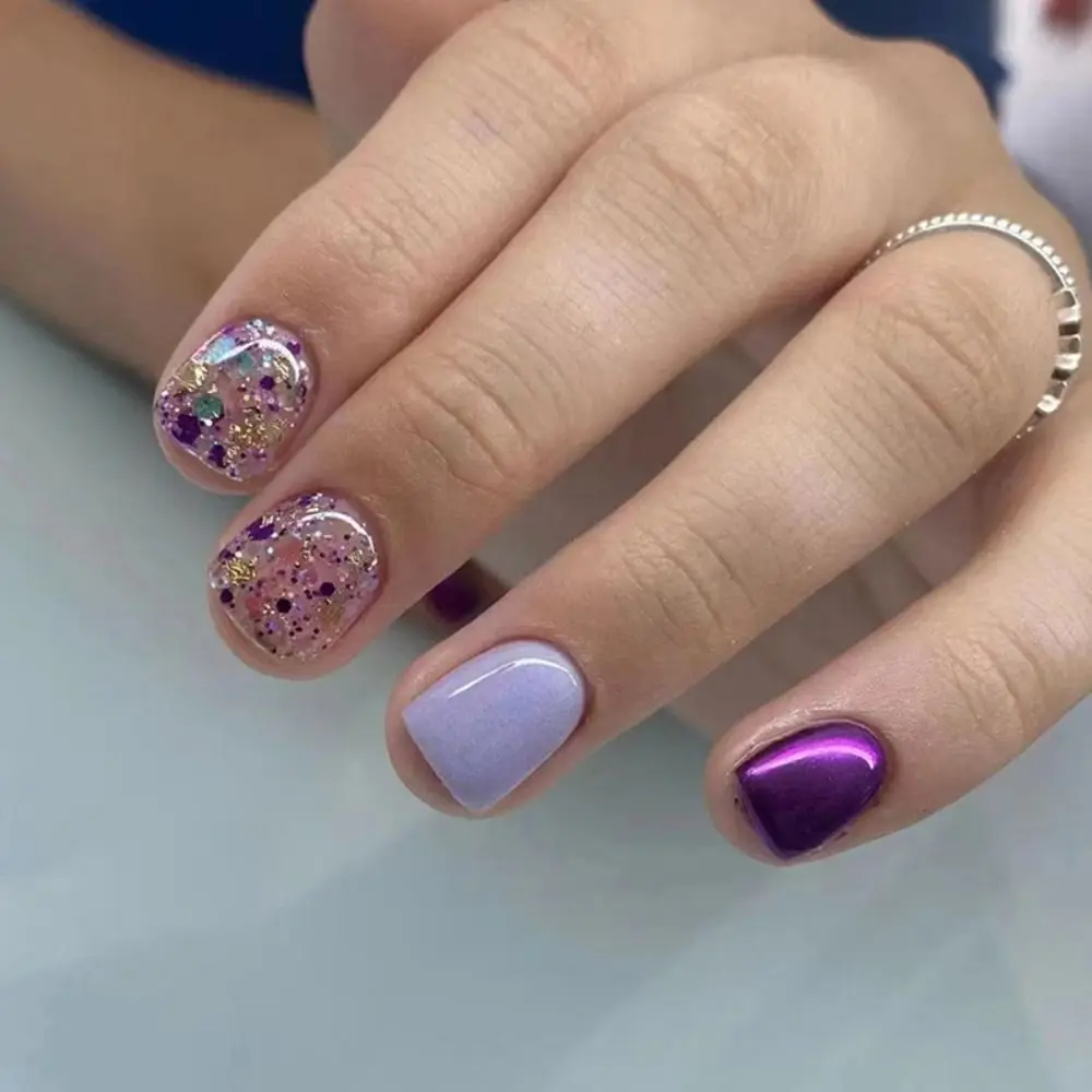 Detachable Short Round False Nails French Glitter Purple Fake Nails Aurora Full Cover Nail Tips for Salon