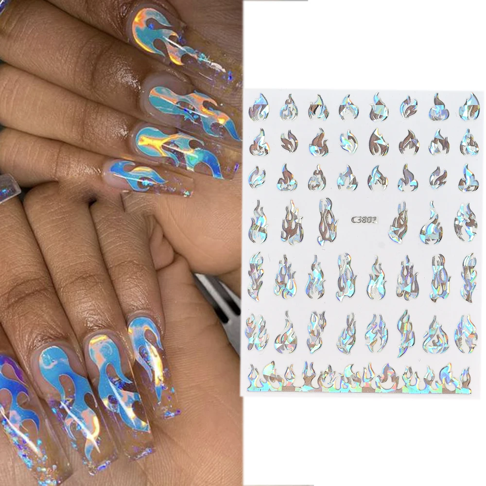 1pcs Flame Sticker 3D Glitter Laser Silver Self-Adhesive Slider For Nail art Decoration DIY Disco Dancing  Blaze Blue Nail stick