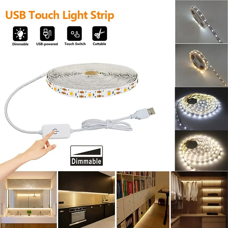 5V 2835 LED Strip Light Touch Sensor Switch Dimmable USB Flexible LED Tape Ribbon Light For Mirror Cabinet Stair Decor Lighting