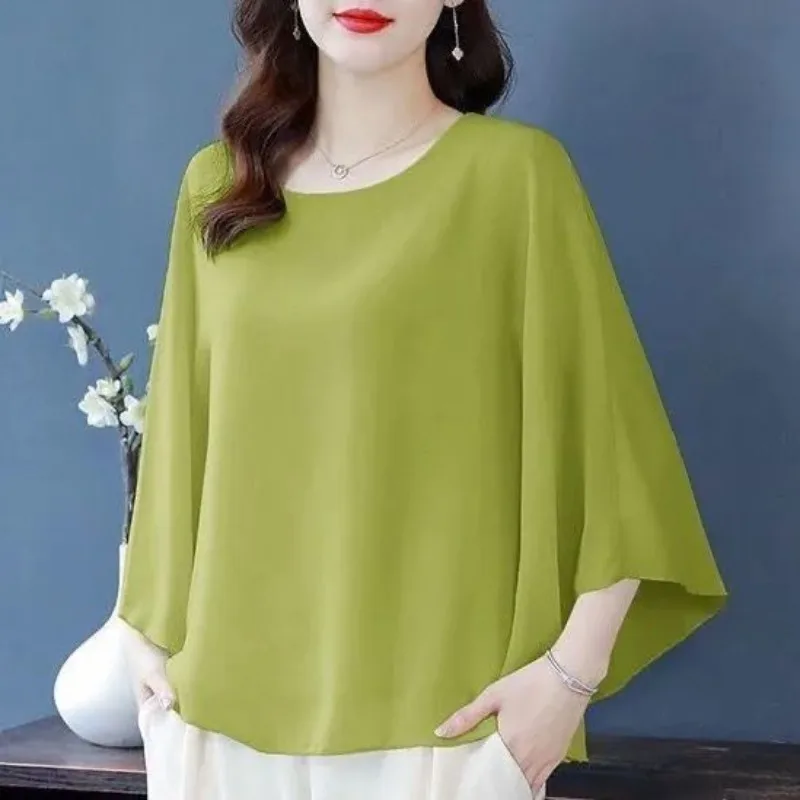 2024 Women\'s Summer O-Neck Patchwork Fashion Solid Color Batwing Sleeve Office Lady Casual Blouse Short Sleeved Shirts Blouses