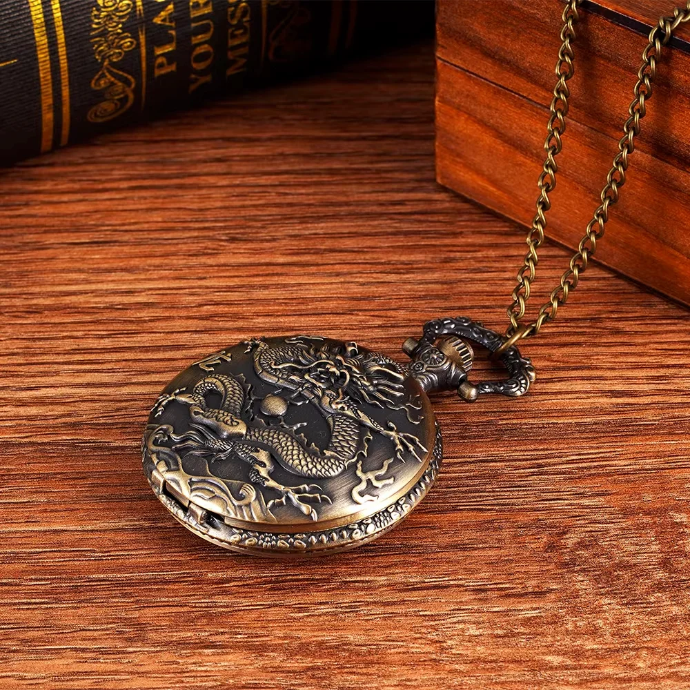 Retro large bronze fine chain relief dragon design retro Pocket watch Chinese style pocket watch quartz watch