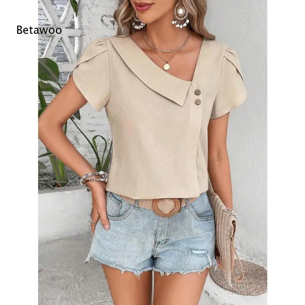 Solid Beige Asymmetric Collar Linen Top For Ladies Short Puff Sleeve Two Side Buttons Slim Casual Daily Blouse
