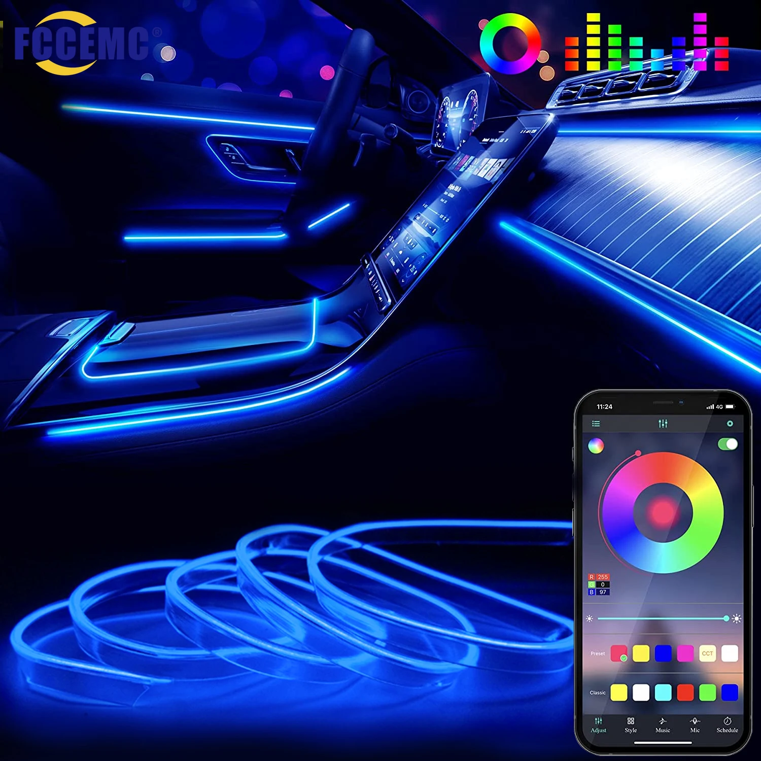 Lampe LED pour Intérieur de Voiture, avec Bande Néon RGB, Rétro-Éclairage EL avec Plusieurs Modes, Contrôle du Son via Application, Lumière