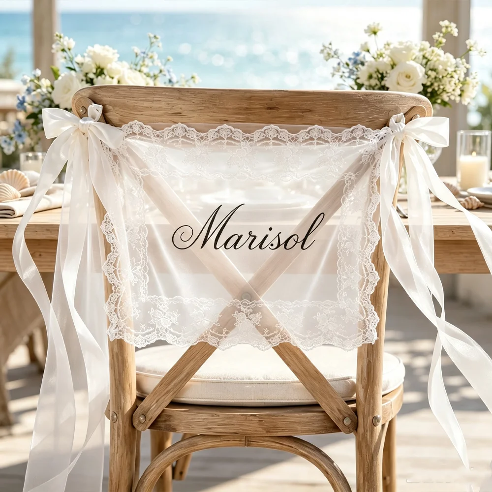 Custom 1 Pair Lace Chair Banner with White Ribbon, Semitransparent Sheer Frabic Wedding Chair Sign for Birthday