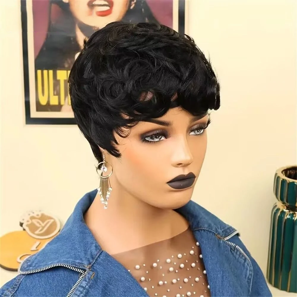 

Short Human Hair Wigs Pixie Cut Wig perruque bresillienne for Black Women Full Machine Made Wigs With Bangs Cheap Glueless Wig
