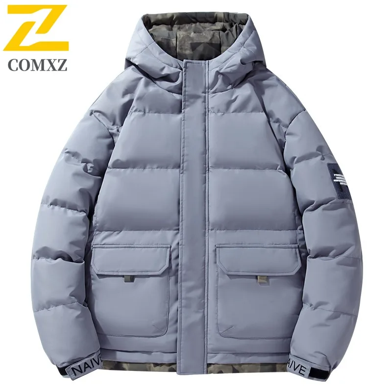 COMXZ الرجال الشتاء Preppy سترة مقنعين قسط جديد تنوعا عادية التزلج التخييم الحشو معطف المشي يندبروف وسادة مبطنة