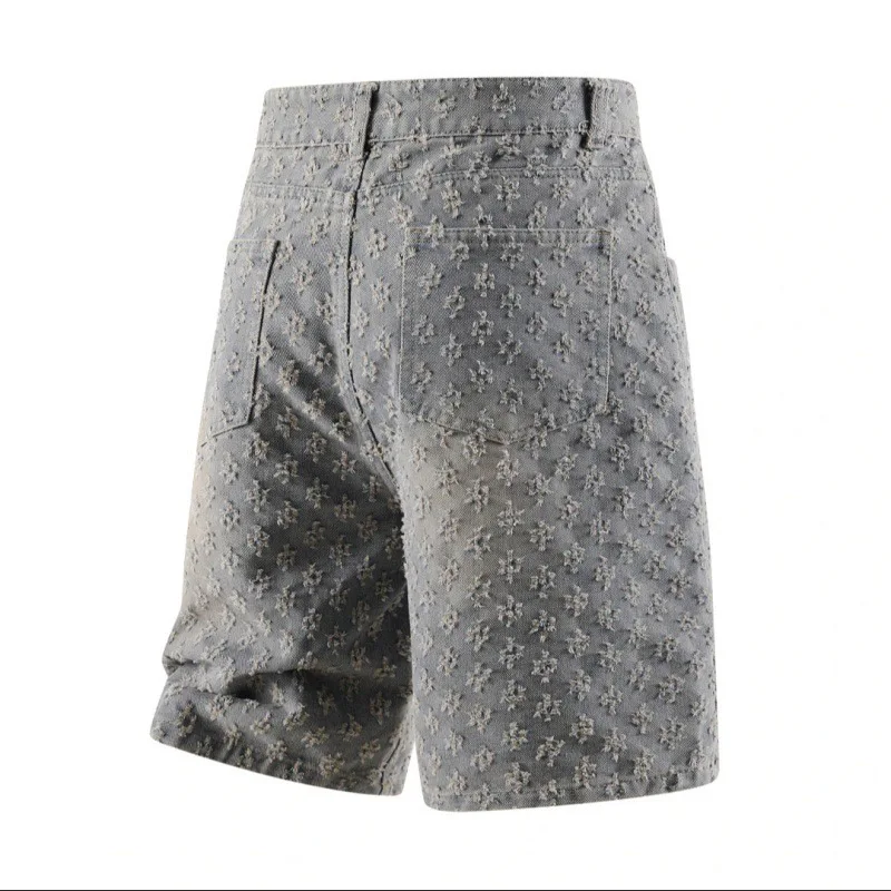 Men American Vintage Denim Short Pants Male Summer Lightweight Jacquard Design Jeans Youth Popular Loose Straight Shorts