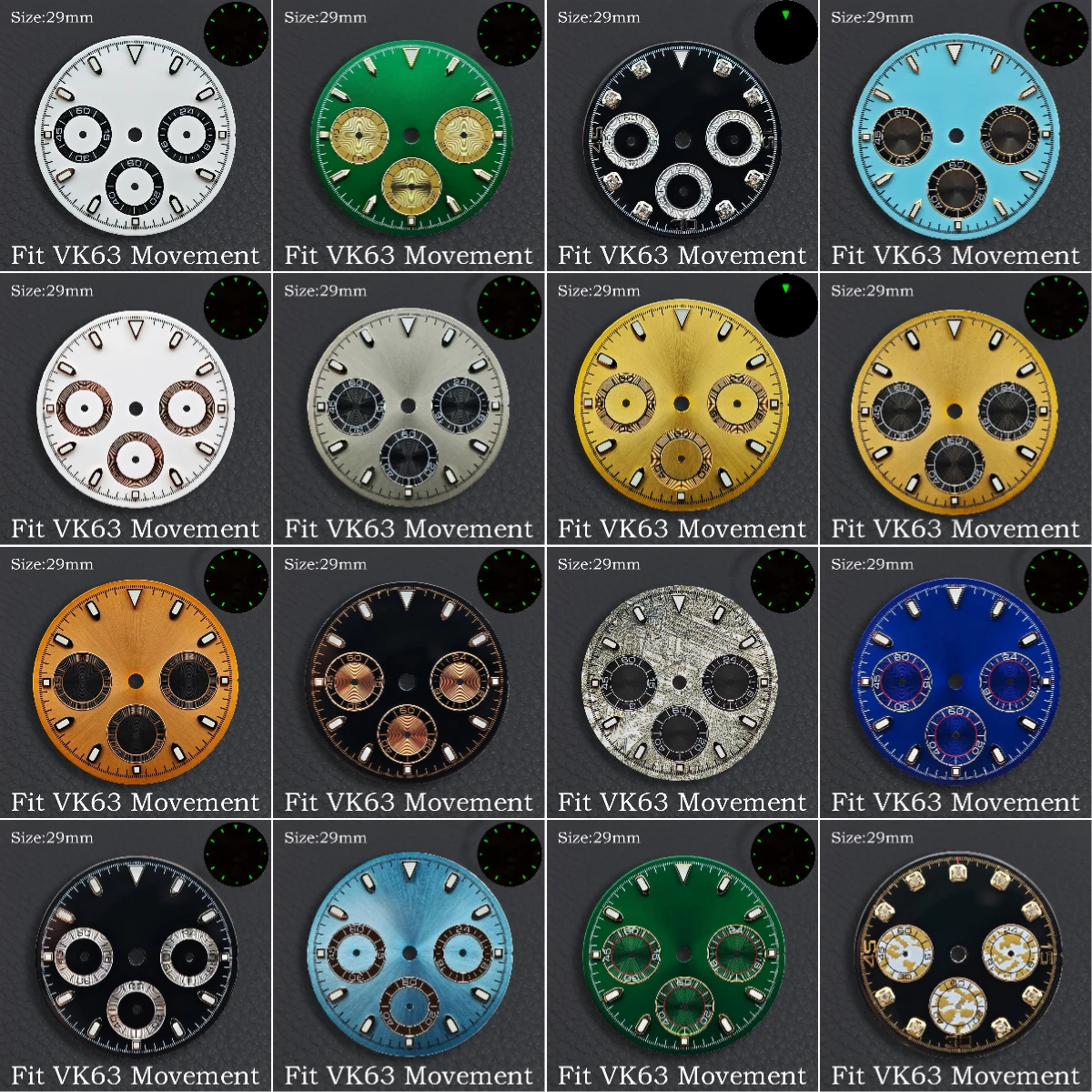 VK63 29mm Dial Watch Hands Green Luminous Chronograph Face Fit vk63 Movement Fit 39mm Watch Cases  Men's Watch Accessories