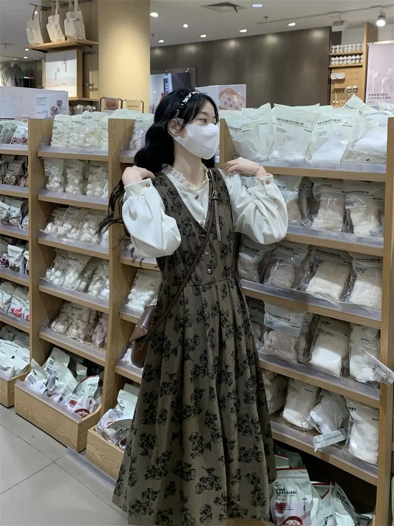 Retro Floral Print Dress Early Autumn Winter Court Style Tea Break Shirt Bib Overalls Two Piece Set Women's Fashion Ensemble