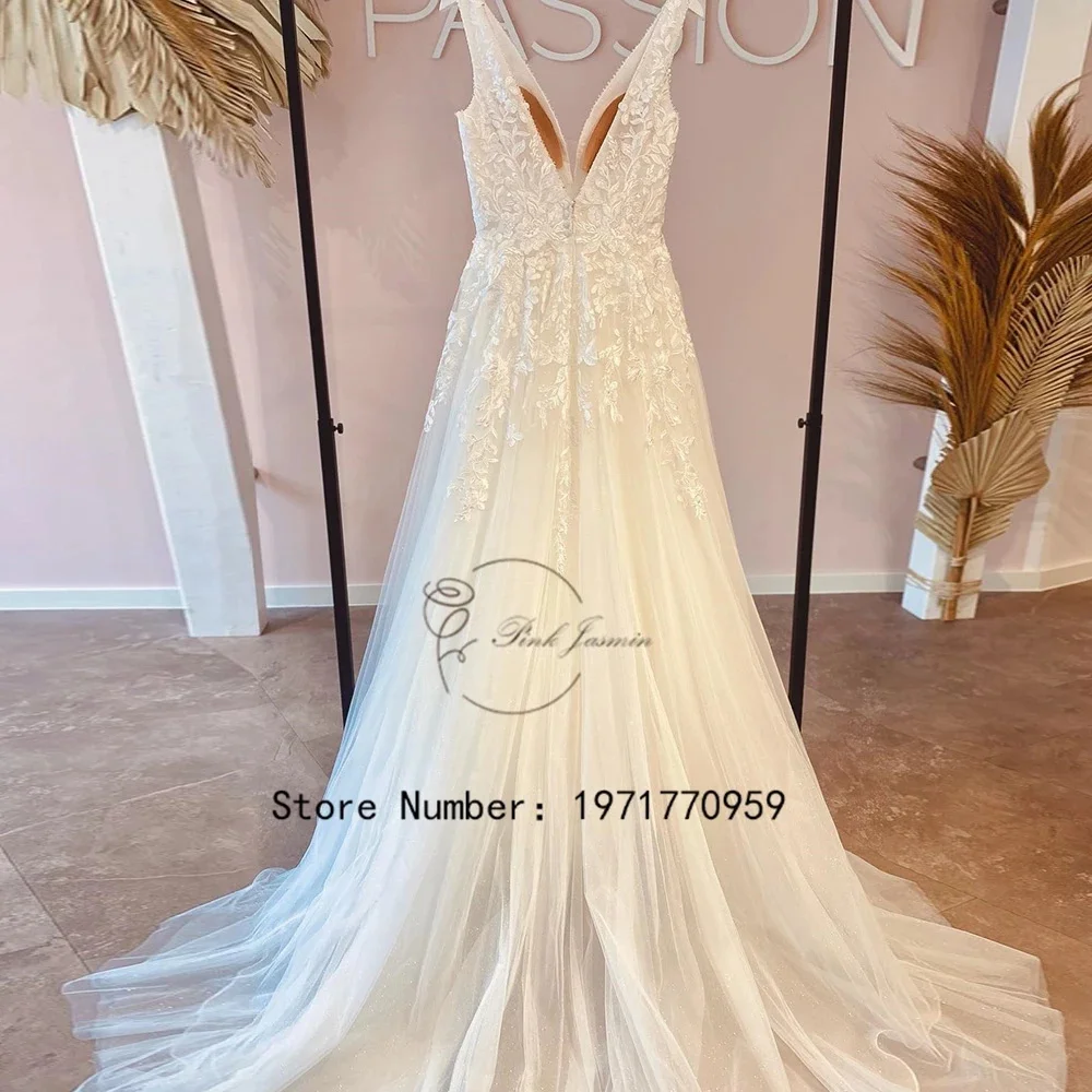 Ivory V Neck Wedding Dresses High Quality Tulle Applique Elegant Bridal Gown Court Train Zipper Back vestidos de novia 2024 New