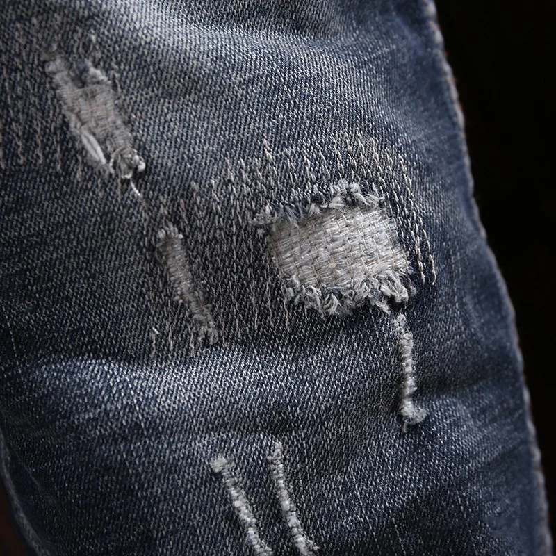 Fashion Designer Men Jeans Retro Black Blue Elastic Slim Ripped Jeans Men Embroidery Patched Vintage Trousers Denim Pants Hombre