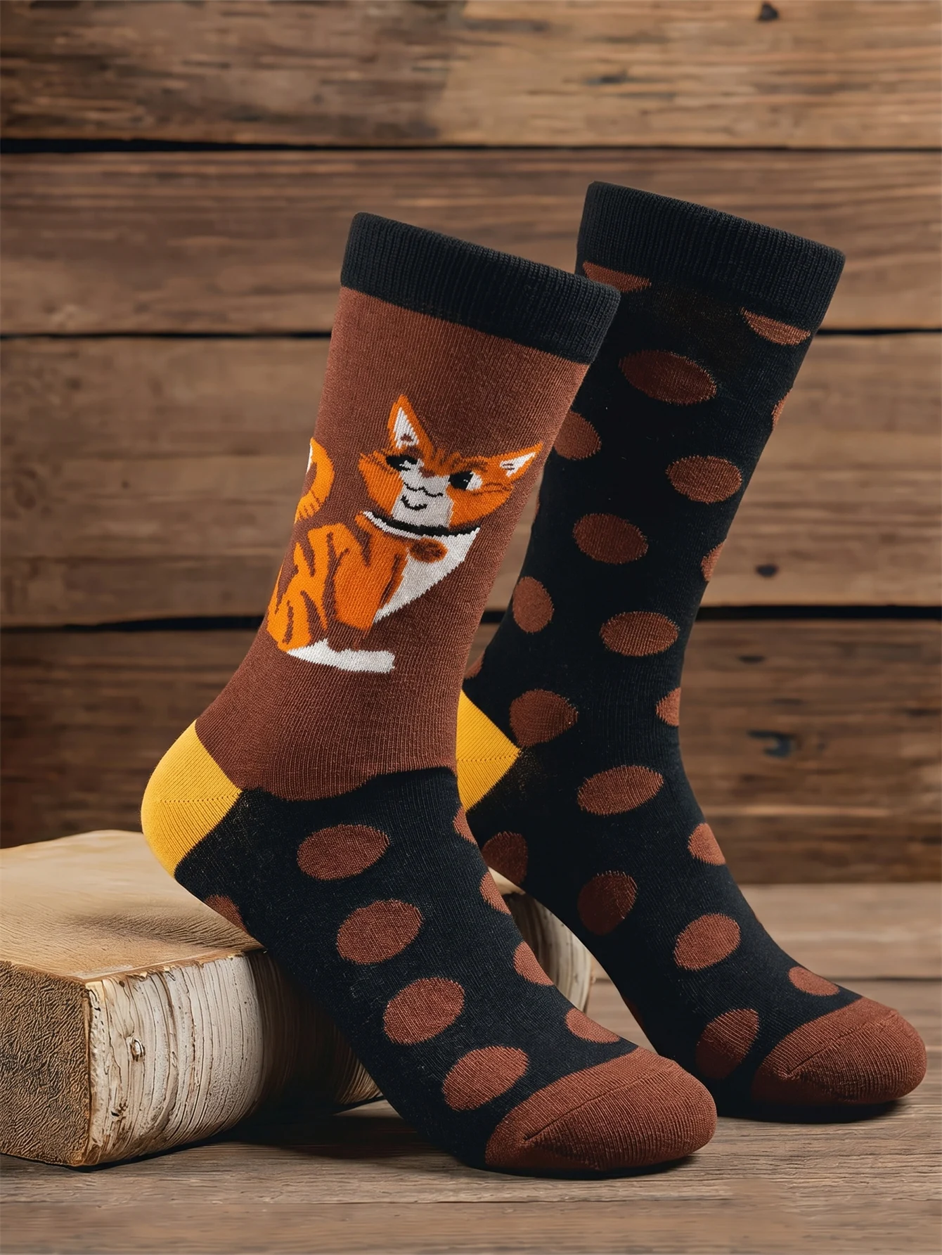 Men's Cotton Socks Asymmetry Brown Animal Print Socks with Polka Dots Novelty Gift For Men Streetwear Skateboard Socks