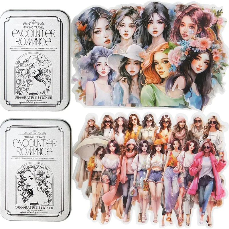 100 buah Kit stiker buku tempel untuk jurnal, paket Ephemera untuk jurnal sampah, dengan kotak penyimpanan besi
