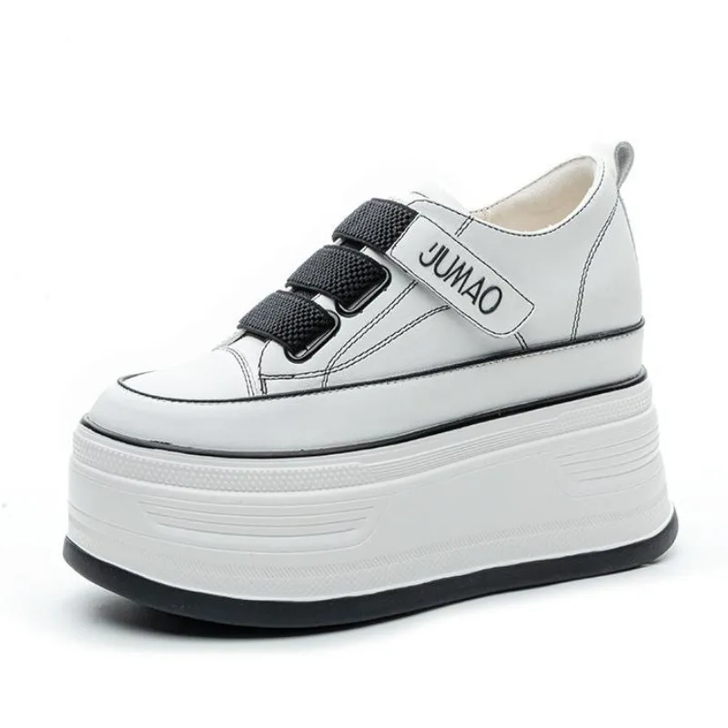 

12CM Genuine Leather Motorcycle Fashion Spring Moccasins Spring Autumn Lace Up Ankle Booties Platform Wedge Women Sneaker Shoes