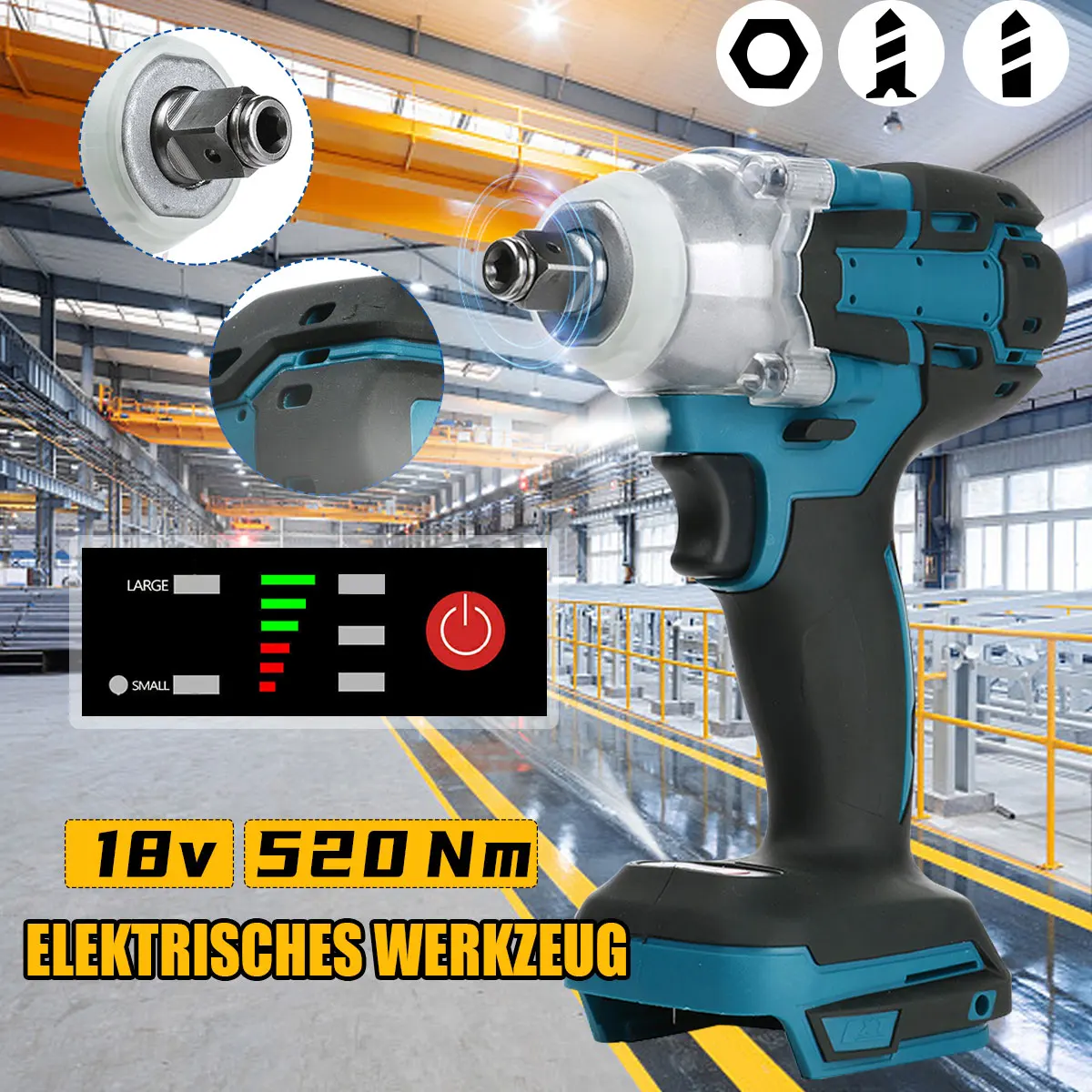 520N.M Torque Brushless Electric Impact Wrench 1/2 inch Cordless Electric Wrench Screwdriver Power Tool for Makita 18V Battery Pin