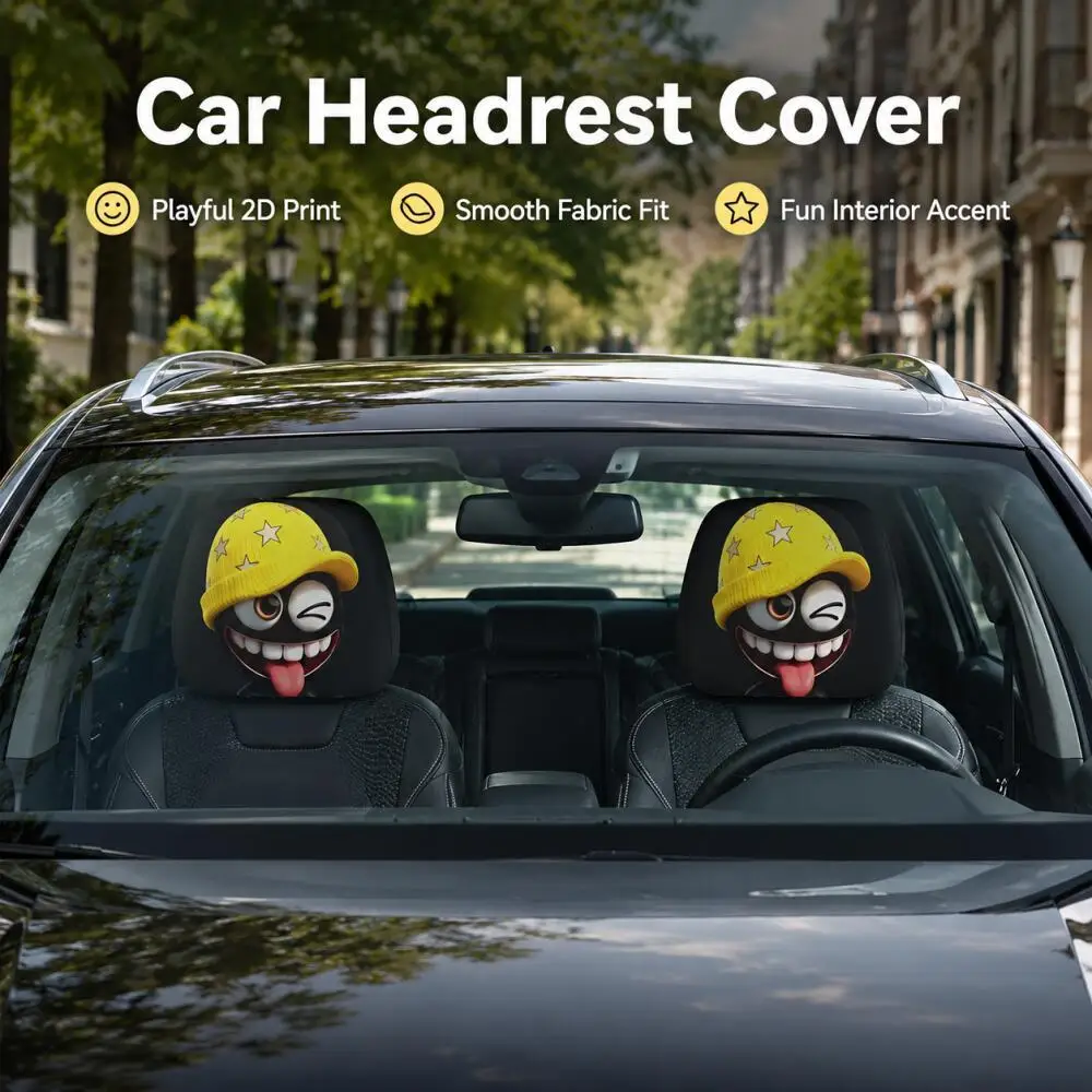 2PCS Yellow Star Beanie Wink Tongue Face Car Headrest Covers 2D Flat Playful Print Black Fun Universal Auto Headrest Protector