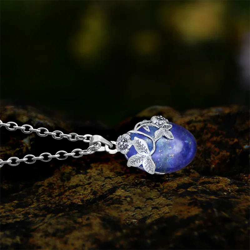 Vintage Flower Pendant Nautral Lapis Lazuli Quartz Jewelry Sets For Women Natural Stone Plant Fashoin Necklace Earring Set