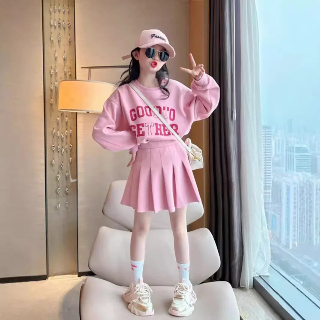 

Girls Korean Set Spring and Autumn New American Letter Printed Sweater Pleated Skirt Two-piece Set
