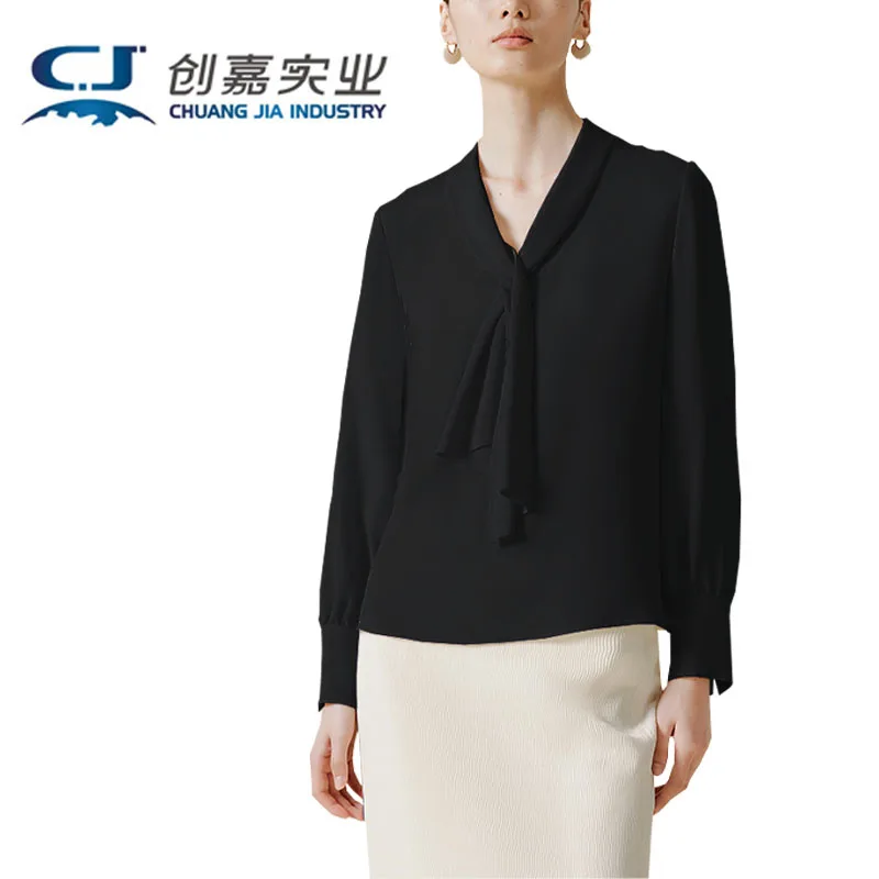 

High-end Silk Women's Spring and Summer Long Sleeve Shirt 100% Mulberry Silk Heavy Crepe White Float Lead Elegant Commuter Top