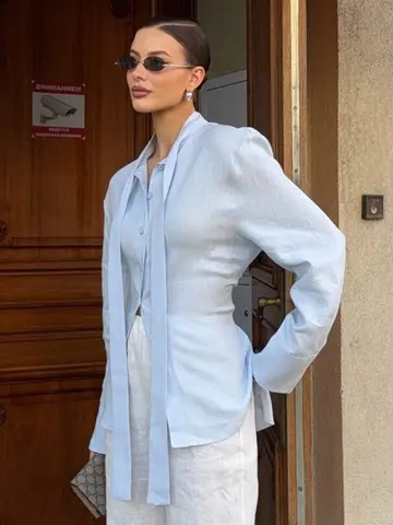 Wolfeel 100% Cotton New Autumn Tie Belted Shirt Women's  Floating Ribbon Cardigan Top Commuting Slim Blouse