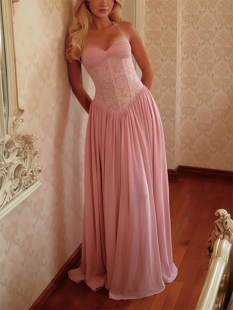 elegant-solid-prom-dress-halter-neck-lace-bodice-chiffon-skirt-party-gown-pleated-flowy-floor-length-evening-wedding-robe