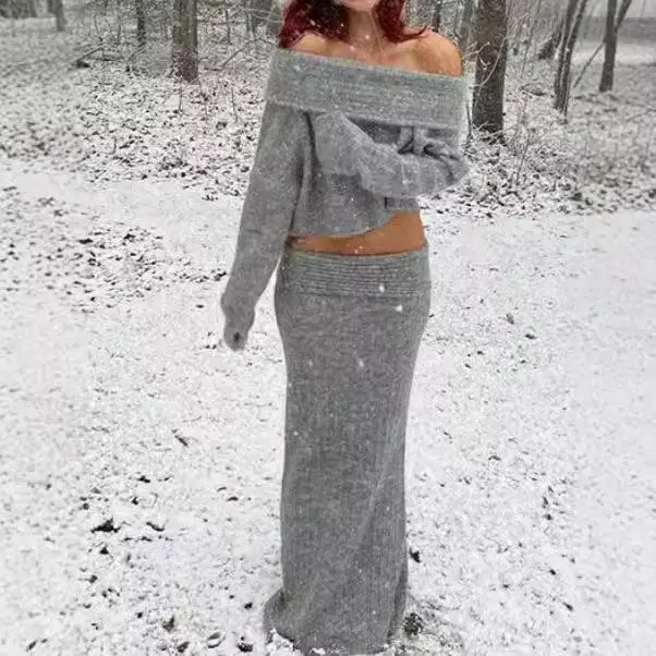 

Sexy Knitted One-oulder Top And Skirt Set Autumn Winter Flip Collar Dr Long Sve Two-Piece Women's Faion Ensemble