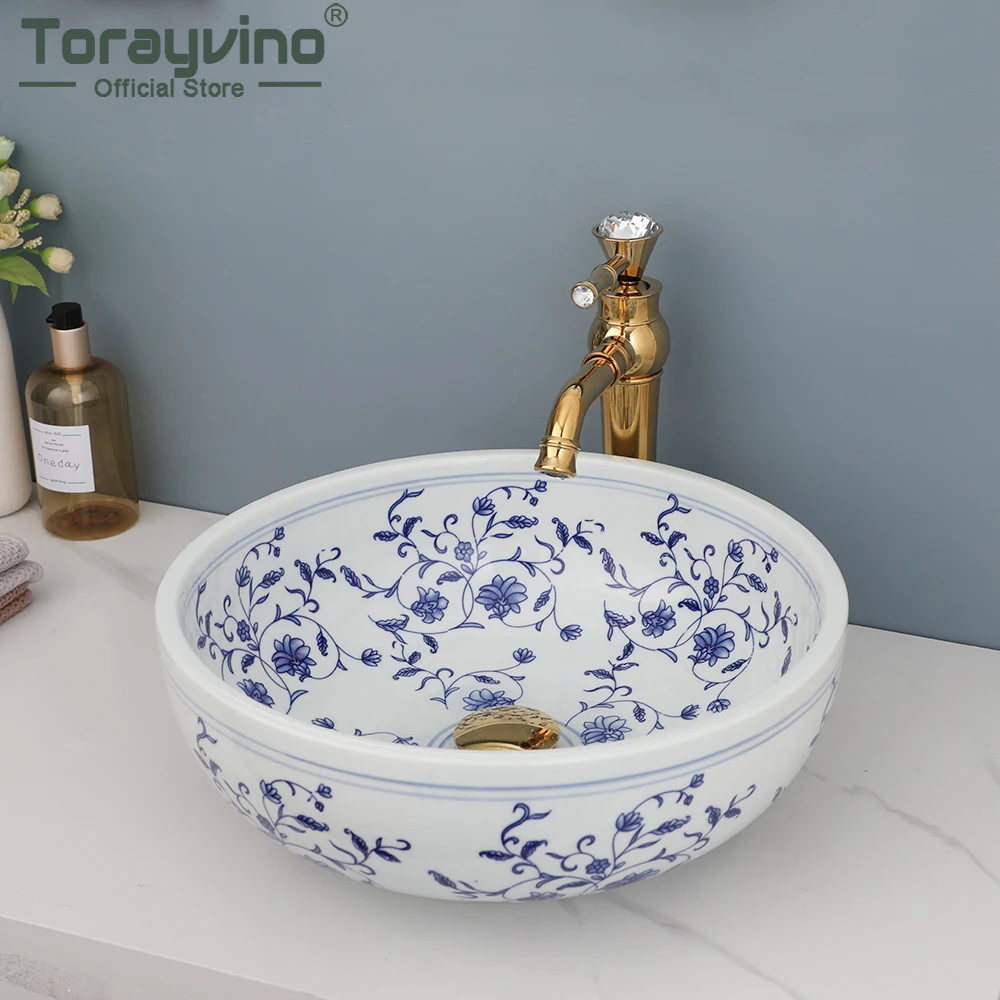 

Torayvino Round Bowl Bathroom Ceramic Lavatory Bath Combined Mixer Washbasin Vessel Sink Faucets Set W/ Pop-up Drain Combo Kit