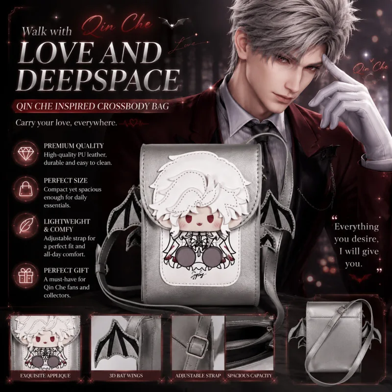 Love And Deepspace Sylus Tote Bag Silver Wing Devil PU Leather, Phone Bag Crossbody Anime, Merch Chibi Doll Shoulder Bag, Gift