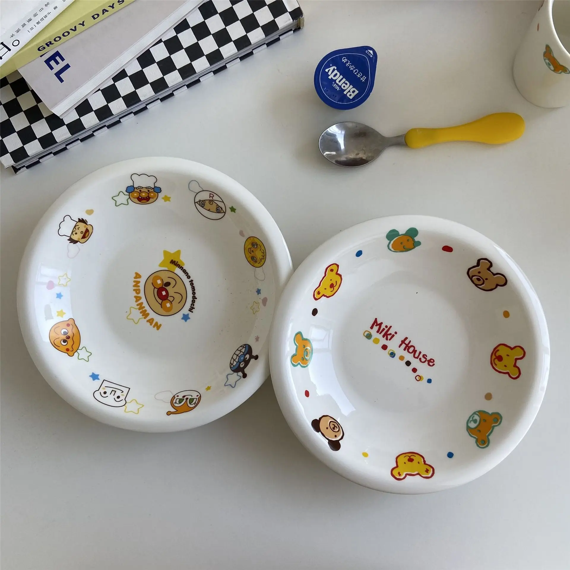 Children's Plate Ins Style Japanese Childlike Anpanman and Bear Ceramic Plate Cute One-person Tableware