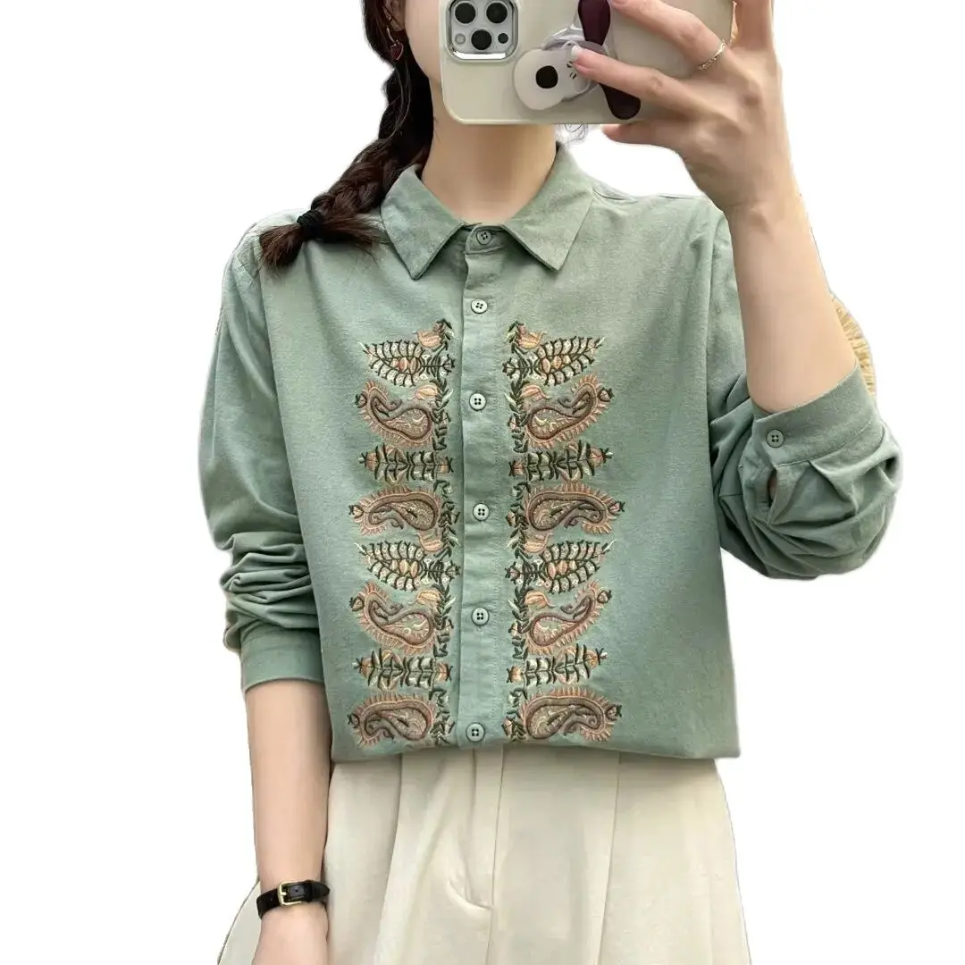 New Spring Cotton Embroidery Shirt Women Lapel Long Sleeve Tops Girl Casual Retro Loose Literature Blouse 2024 Autumn T44338QC