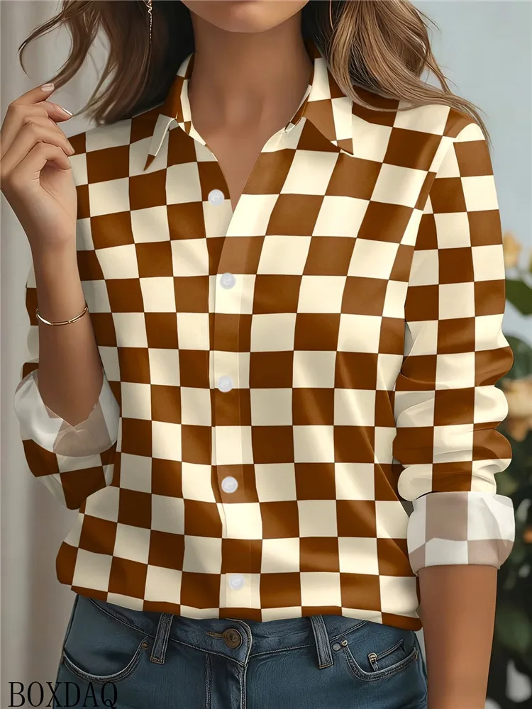 2026 Geometric Pattern Printed Shirts For Women's Casual Long Sleeve Lapel Button Loose Blouse For Office Women's Clothing