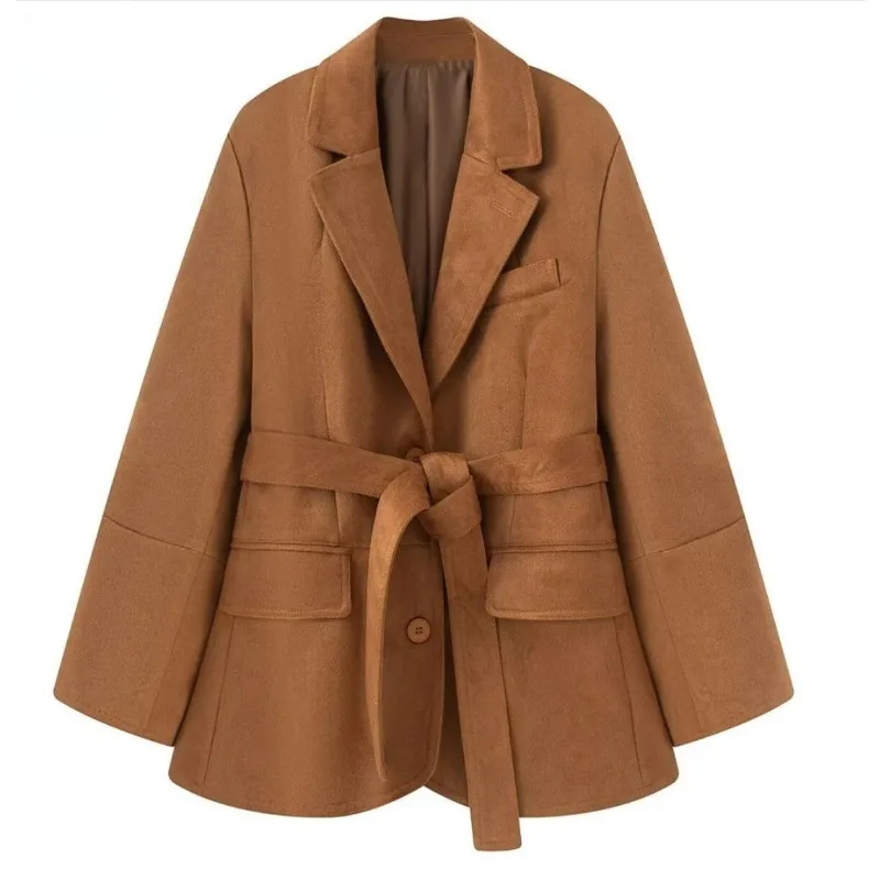 معطف خارجي عالي الجودة معطف عصري بدلة ريترو سترة أنثوية ساحرة عصرية من جلد الغزال حزام بدلة على الطراز القديم سترة نسائية